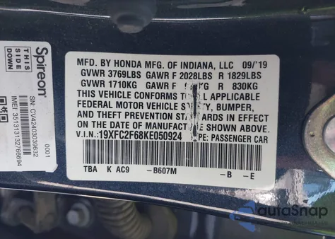 2019 Honda Civic Lx из США, поврежденный, VIN 19XFC2F68KE050924